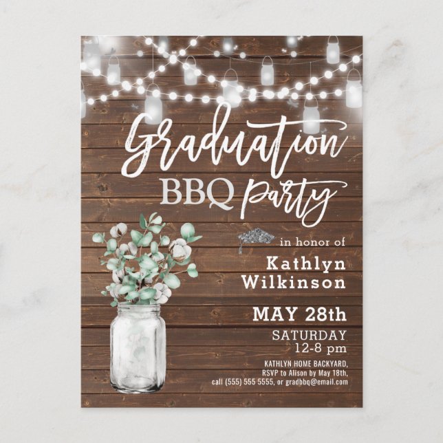 Eucalyptus Mason Jar Graduation Party Invitation Postcard (Front)
