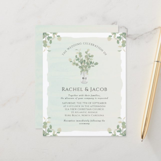Eucalyptus Mason Jar Monogram Wedding Invitation (Front/Back In Situ)
