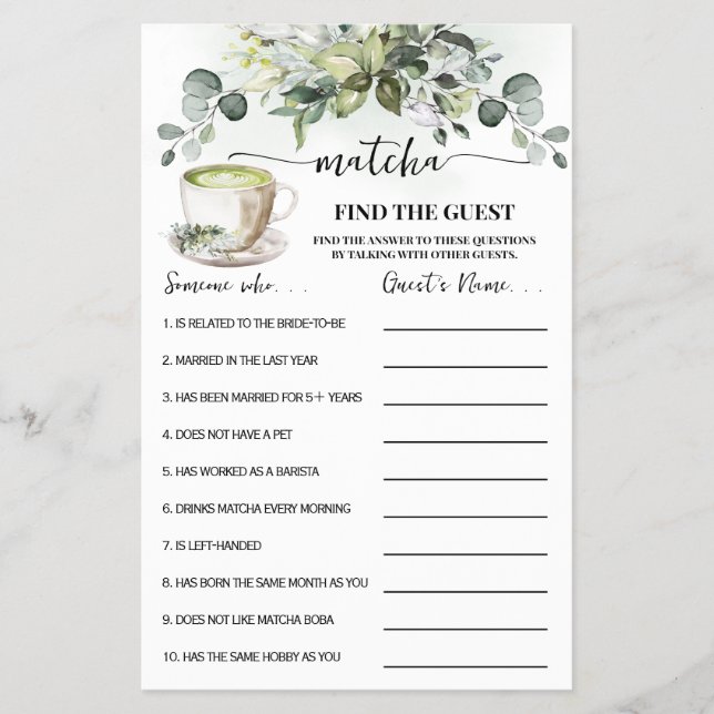 Eucalyptus Matcha Find the Guest Shower Game Card (Front)