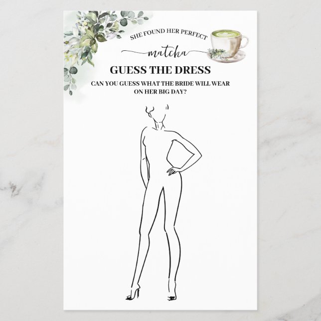 Eucalyptus Matcha Guess the Dress Shower Game Card (Front)
