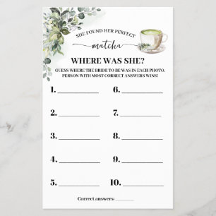 Eucalyptus Matcha Where was Bride Shower Game Card