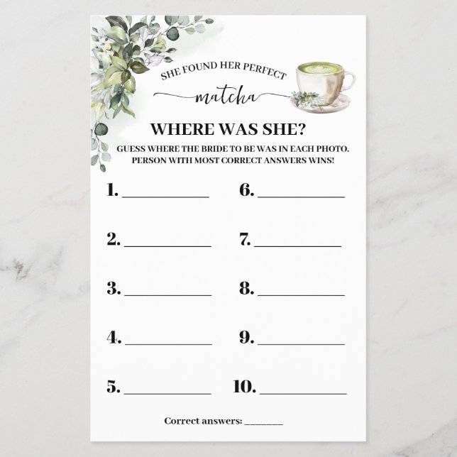 Eucalyptus Matcha Where was Bride Shower Game Card (Front)
