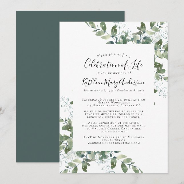 Eucalyptus Memorial Celebration of Life Invitation (Front/Back)