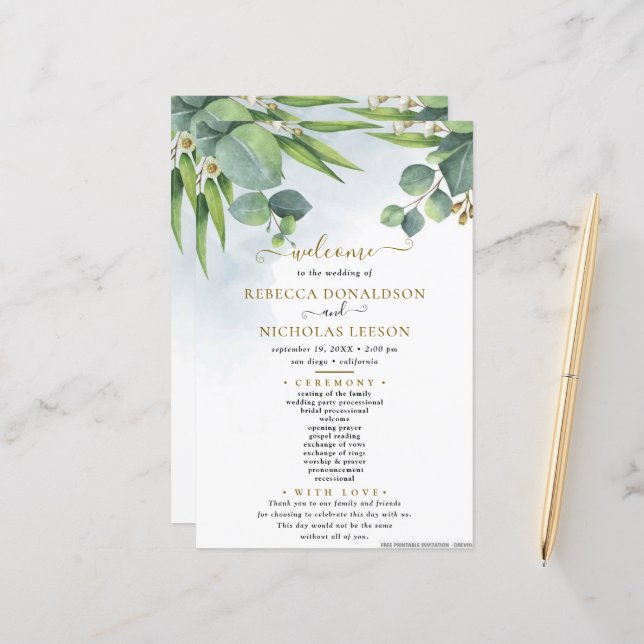 Eucalyptus Minimal Wedding Program (Front/Back In Situ)