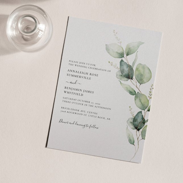 Eucalyptus Minimalist Botanical Watercolor Wedding Invitation (Watercolor Eucalyptus Sage Green Wedding Invitation)