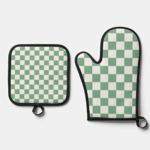 Eucalyptus mist chequerboard pattern oven mitt & pot holder set