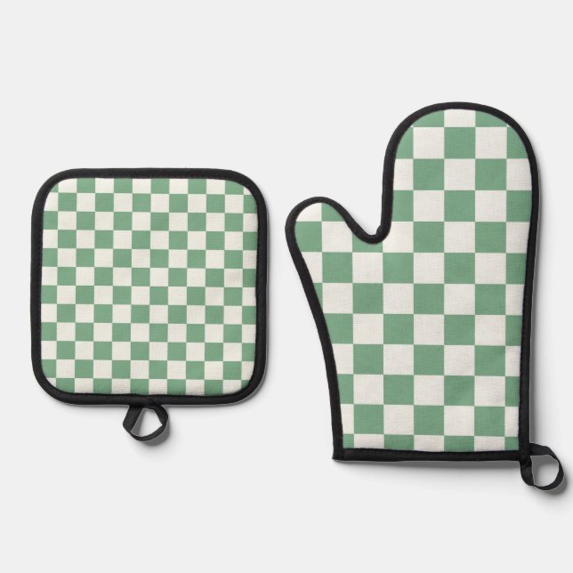 Eucalyptus mist chequerboard pattern oven mitt & pot holder set (Front)