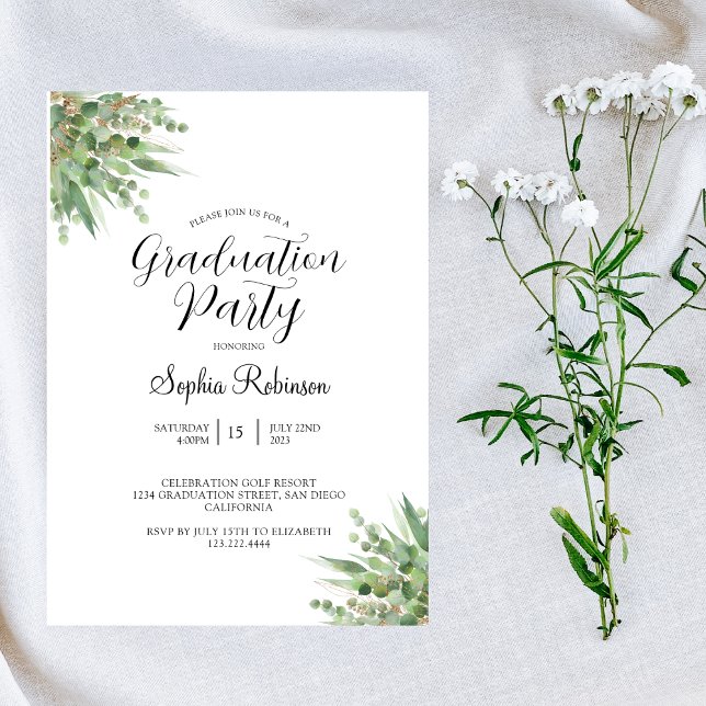 Eucalyptus Modern Calligraphy Graduation Party Invitation (Creator Uploaded)