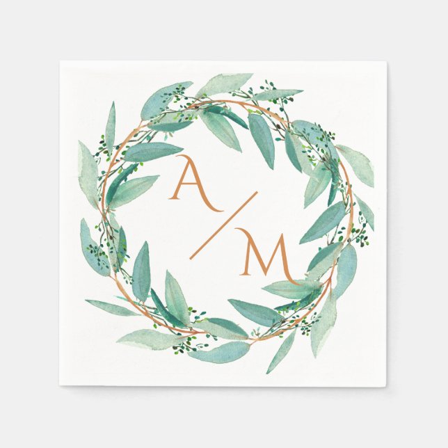 Eucalyptus Modern Calligraphy Monogram Wedding Napkin (Front)