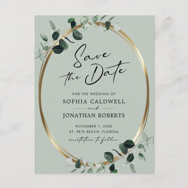 Eucalyptus Modern Calligraphy Sage Save the Date Announcement Postcard (Front)