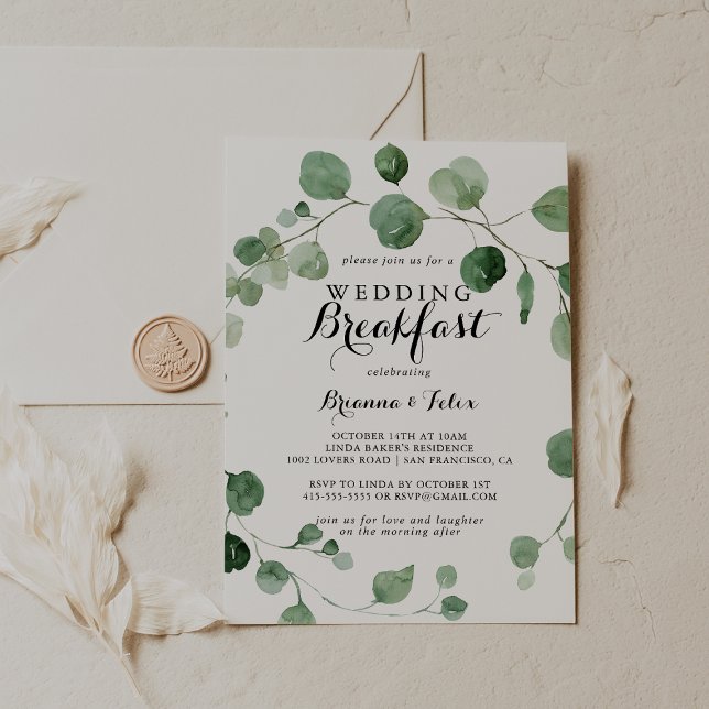 Eucalyptus Modern Calligraphy Wedding Breakfast  Invitation (Creator Uploaded)