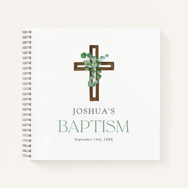 Eucalyptus Modern Cross Baptism Guestbook Notebook (Front)