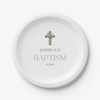Eucalyptus Modern Cross Baptism Party Paper Plate