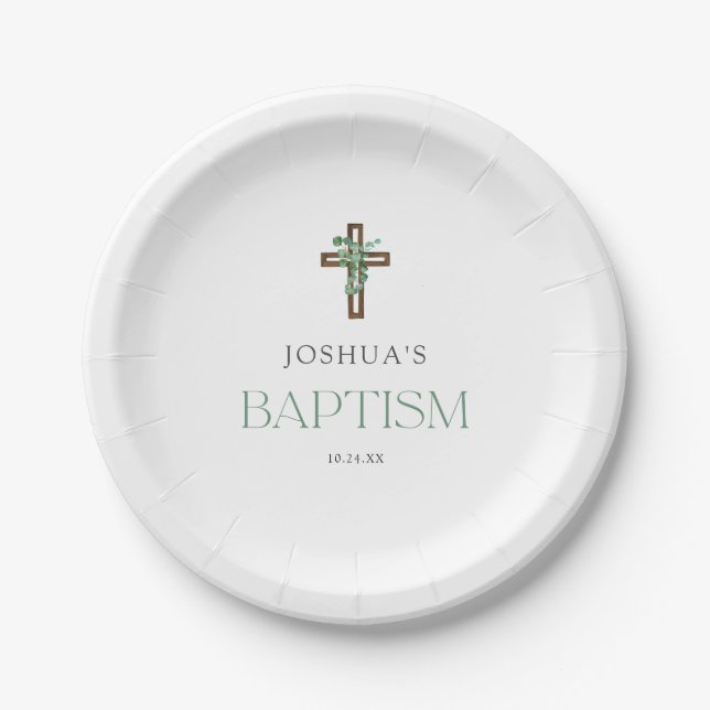Eucalyptus Modern Cross Baptism Party Paper Plate (Front)