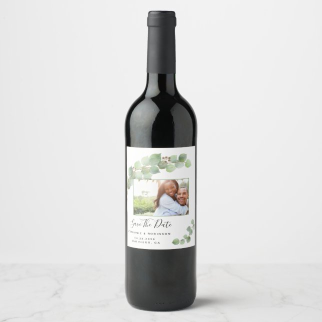 Eucalyptus Modern Custom Photo Save The Date Wine Label (Front)