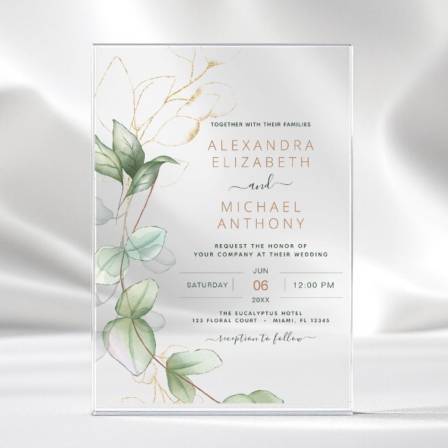 Eucalyptus Modern Minimalist Green Leaf Wedding Acrylic Invitations (Creator Uploaded)