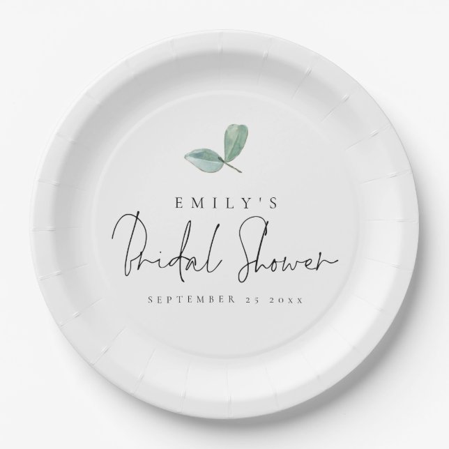 Eucalyptus Modern Script Name Date Bridal Shower Paper Plate (Front)