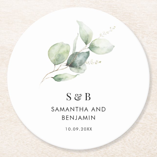 Eucalyptus Monogram Botanical Monogram Wedding Round Paper Coaster (Front)
