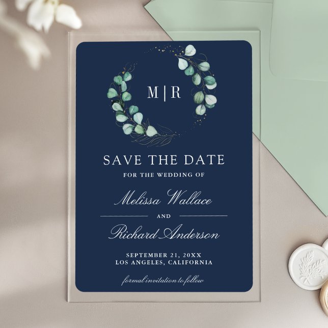 Eucalyptus Monogram Navy Wedding Save the Date Acrylic Invitations (Creator Uploaded)