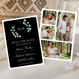 Eucalyptus Monogram Photo Collage Black Wedding Save The Date