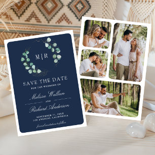 Eucalyptus Monogram Photo Navy Blue Wedding Save The Date