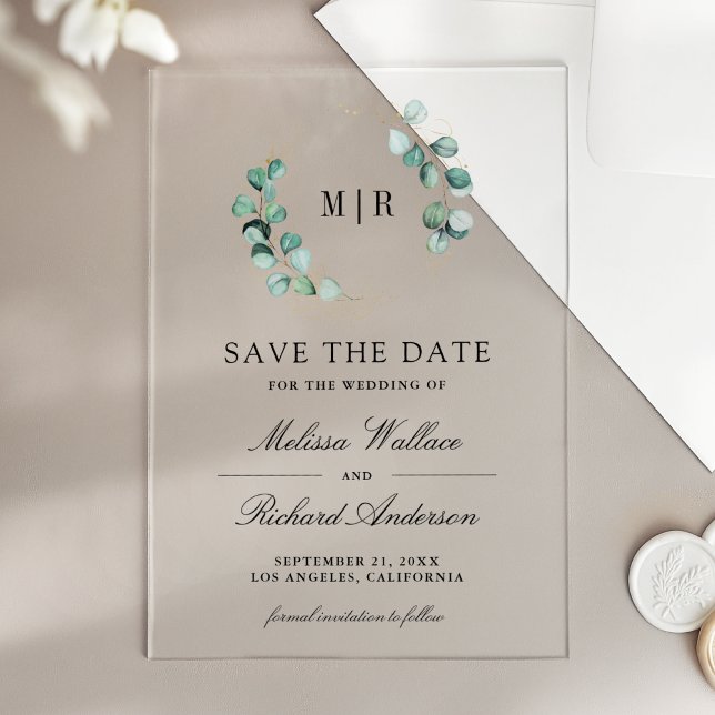 Eucalyptus Monogram Wedding Save the Date Acrylic Invitations (Creator Uploaded)