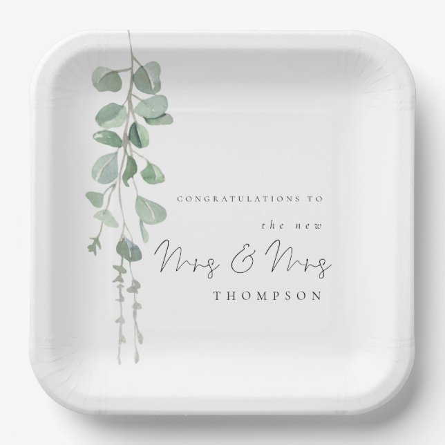 Eucalyptus Mrs Mrs Lesbian Wedding Paper Plates  (Front)