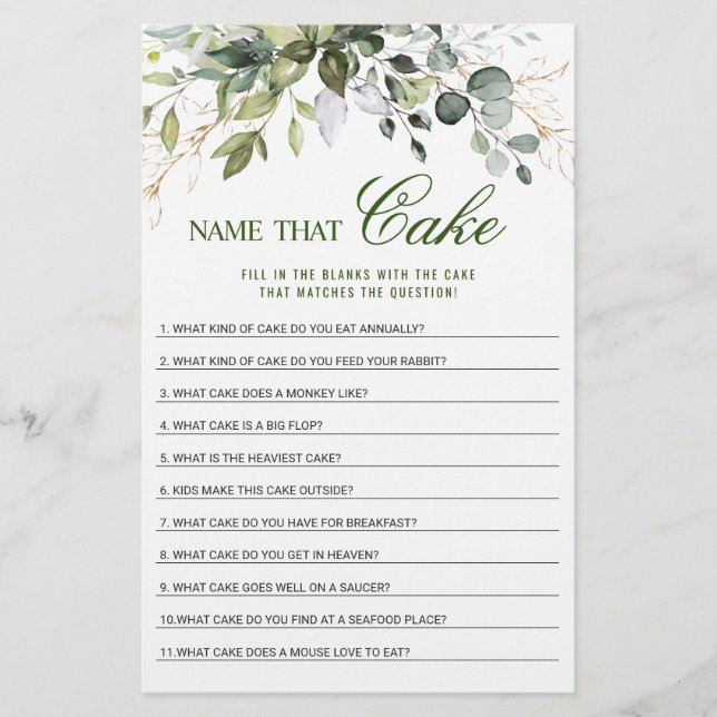 Eucalyptus Name That Cake Bridal Shower Game (Front)