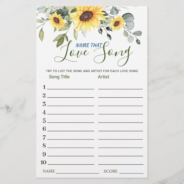 Eucalyptus Name that Love Song Bridal Shower Game (Front)