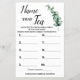 Eucalyptus Name that Tea Bridal Shower Game Card