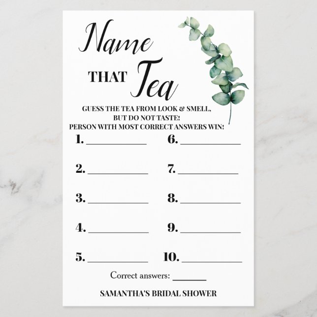 Eucalyptus Name that Tea Bridal Shower Game Card (Front)