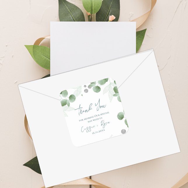 Eucalyptus nature-inspired Wedding Thank You Square Sticker (Eucalyptus nature-inspired Wedding Thank You Square Sticker)