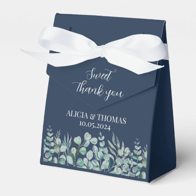 Eucalyptus Navy Blue Botanical Wedding  Favour Box (Front Side)