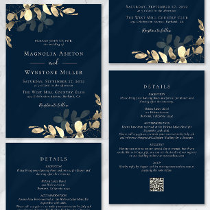 Eucalyptus Navy Blue Gold All in One Wedding Invitation