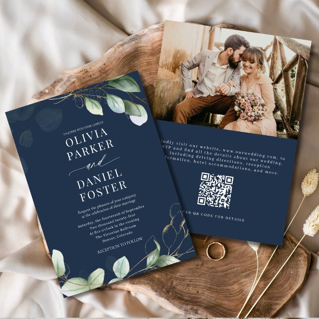 Eucalyptus Navy Blue QR Code Photo Wedding Invitation (Creator Uploaded)