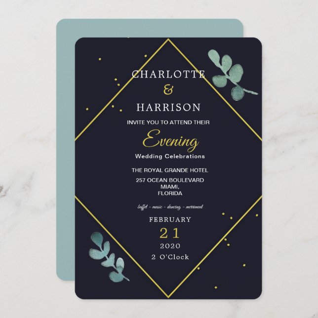 Eucalyptus Navy Gold Evening Wedding Invitation (Front/Back)