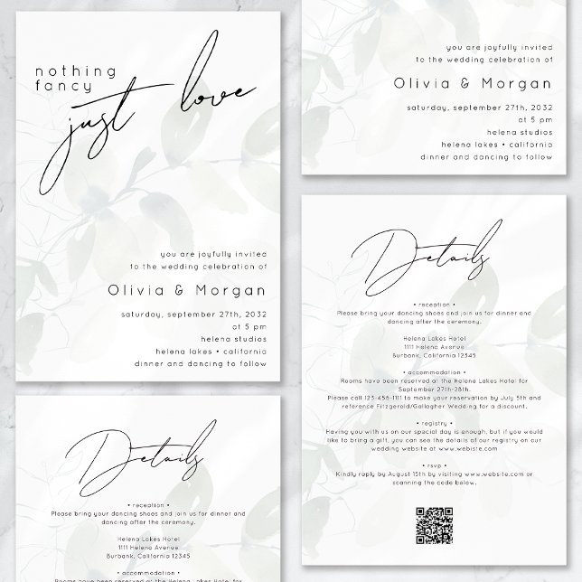 Eucalyptus Nothing Fancy Just Love Script Wedding Invitation (Creator Uploaded)