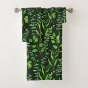 Eucalyptus  on dark green bath towel set