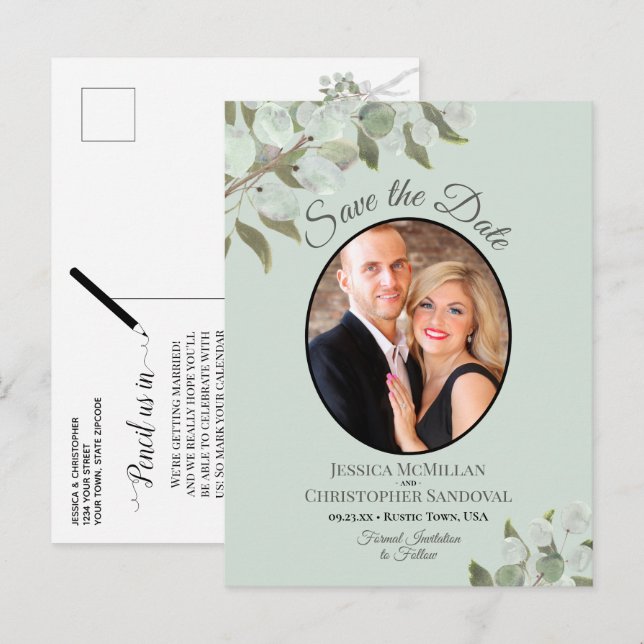 Eucalyptus on Mint Photo Wedding Save the Date Announcement Postcard (Front/Back)