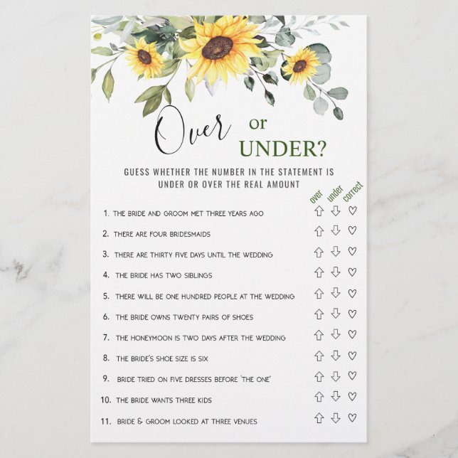Eucalyptus Over Or Under Bridal Shower Game (Front)