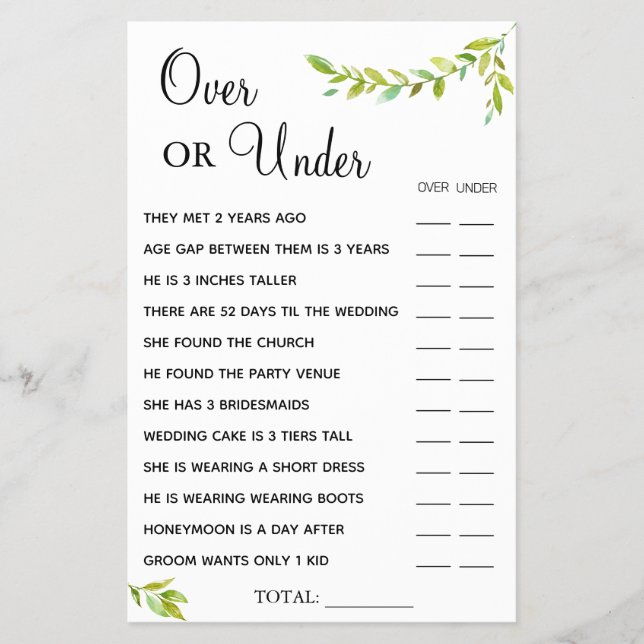 Eucalyptus Over or Under Bridal shower game card (Front)