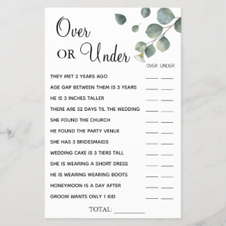 Eucalyptus Over or Under Bridal shower game card