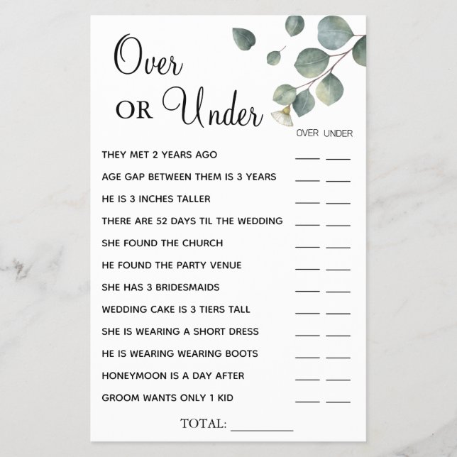 Eucalyptus Over or Under Bridal shower game card (Front)