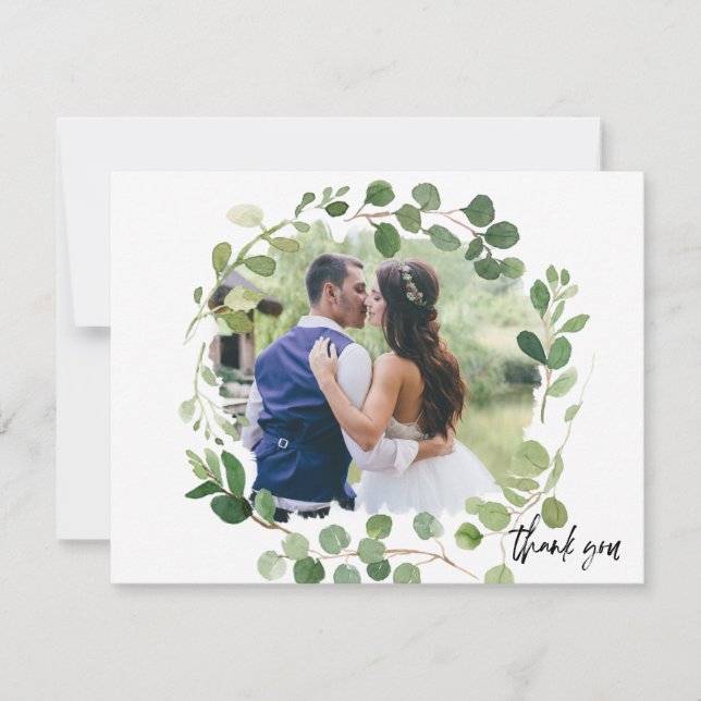 Eucalyptus Painted Photo Wedding Thank You Card (Front)
