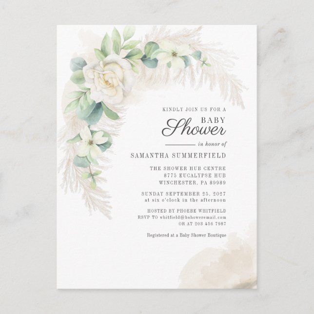 Eucalyptus Pampas Grass Greenery Girl Baby Shower Invitation Postcard (Front)
