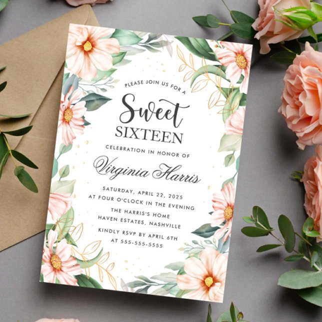 Eucalyptus Peach Floral Sweet Sixteen 16 Birthday Invitation (Creator Uploaded)