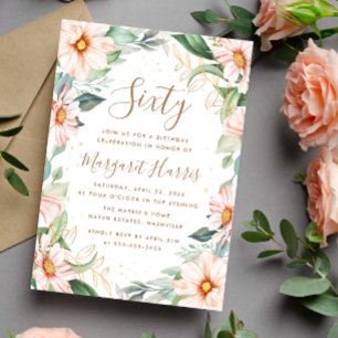 Eucalyptus Peach Gold Floral 60th Sixty Birthday Invitation