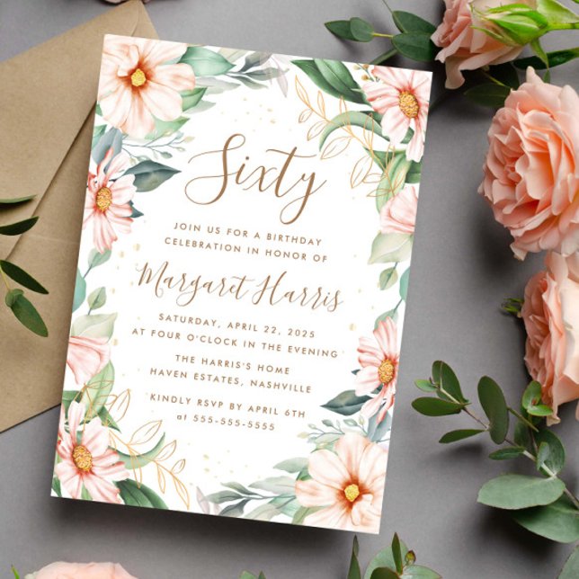 Eucalyptus Peach Gold Floral 60th Sixty Birthday Invitation (Creator Uploaded)
