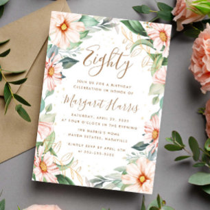 Eucalyptus Peach Gold Floral 80th Eighty Birthday Invitation