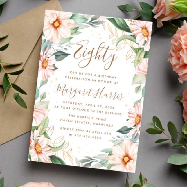 Eucalyptus Peach Gold Floral 80th Eighty Birthday Invitation (Creator Uploaded)